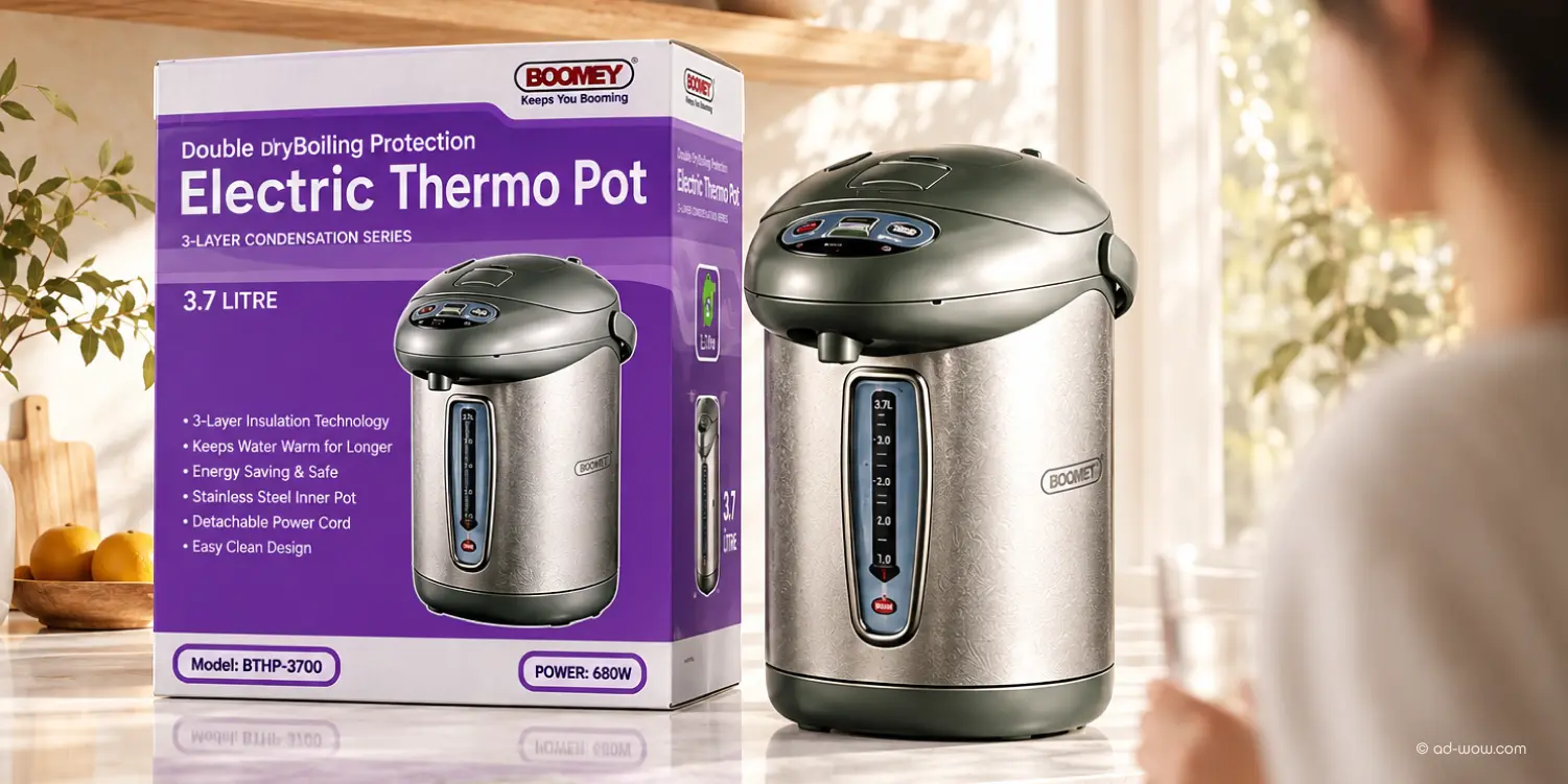 Booney electric thermo pot packaging design by ADWOW, Singapore